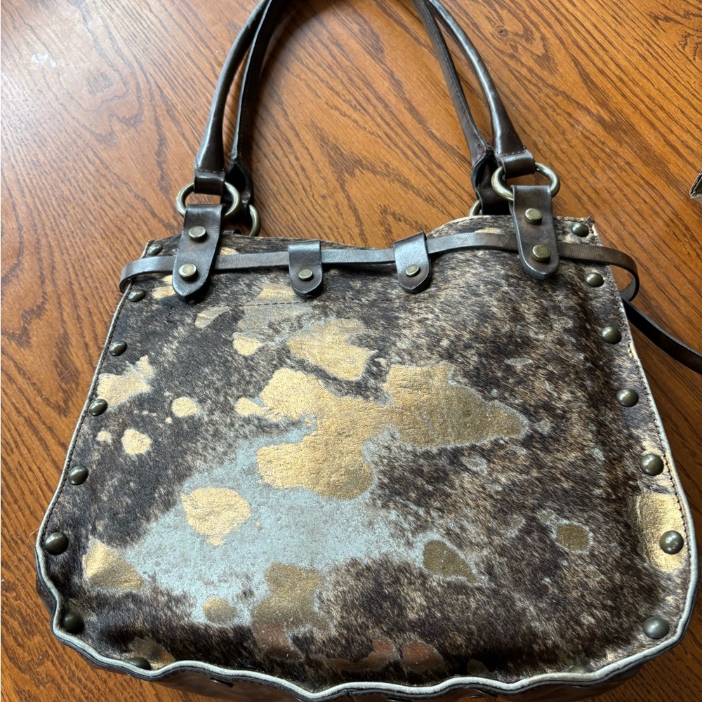Vintage Maurizio Tauti Leather Tote Bag with Brown and Cream Haircalf Pattern - Picture 2 of 10